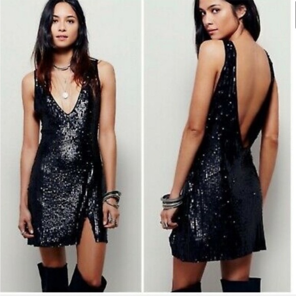 Free People Intimately Sexy In Sequins Black Mini Dress Matte V-Neck Size XS S - Picture 11 of 11